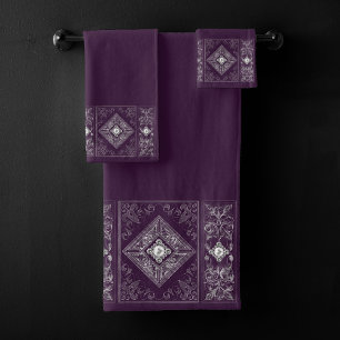 Ornate Opulence Purple and Silver Jewelled Emble Bath Towel Set