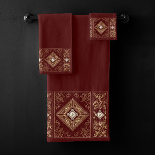 Ornate Opulence Red and Gold Jewelled Flourish Bath Towel Set