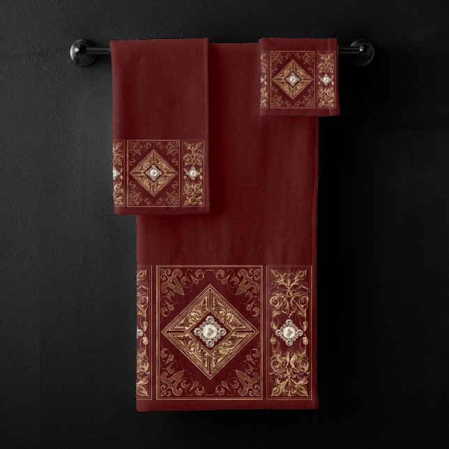 Ornate Opulence | Red and Gold Jewelled Flourish Bath Towel Set (Creator Uploaded)