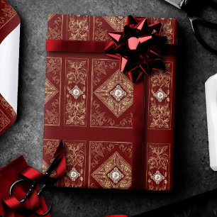 Ornate Opulence Red and Gold Jewelled Flourish Wrapping Paper