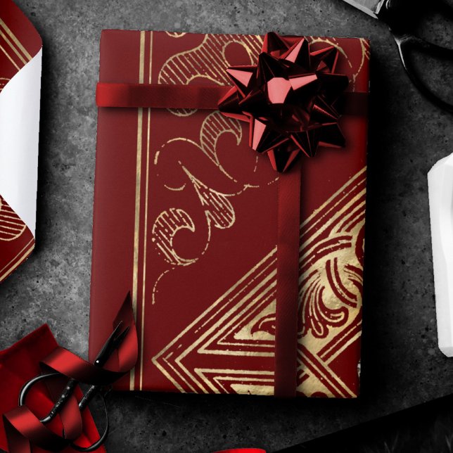 Ornate Opulence | Red and Gold Jewelled Flourish Wrapping Paper (Creator Uploaded)