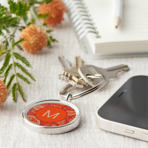 Ornate Orange Paisley Pattern Monogram Key Ring