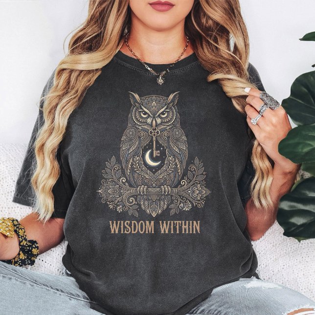 Ornate Owl Key Moon Wisdom Design T-Shirt (Creator Uploaded)