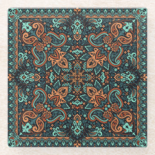 Ornate Paisley Bandanna: Silk Neck. Glass Coaster