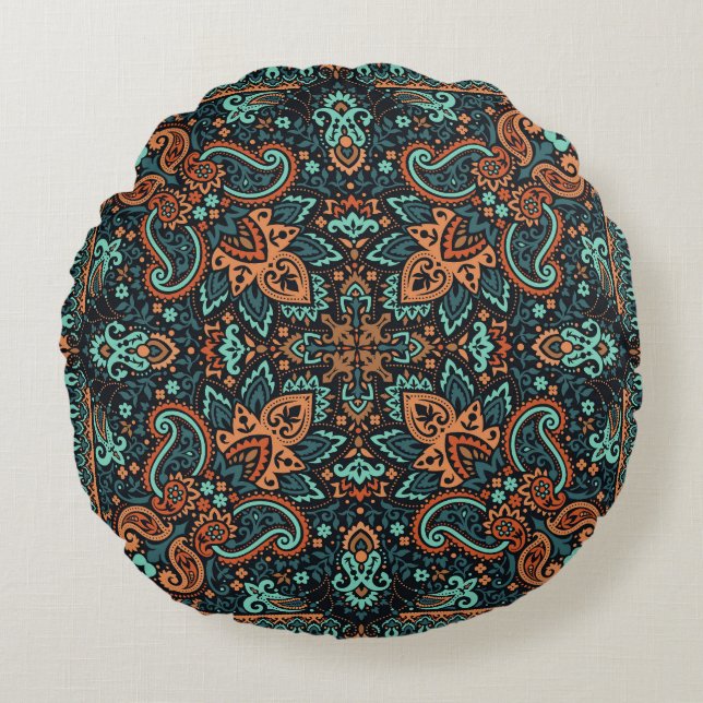 Ornate Paisley Bandanna: Silk Neck. Round Cushion (Front)