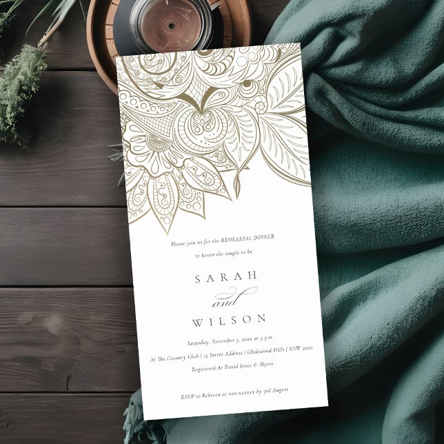 Ornate Paisley Ivory Gold Rehearsal Dinner Invite (Creator Uploaded)