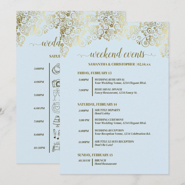Ornate Pale Blue & Gold Wedding Events & Timeline Program (Front/Back)