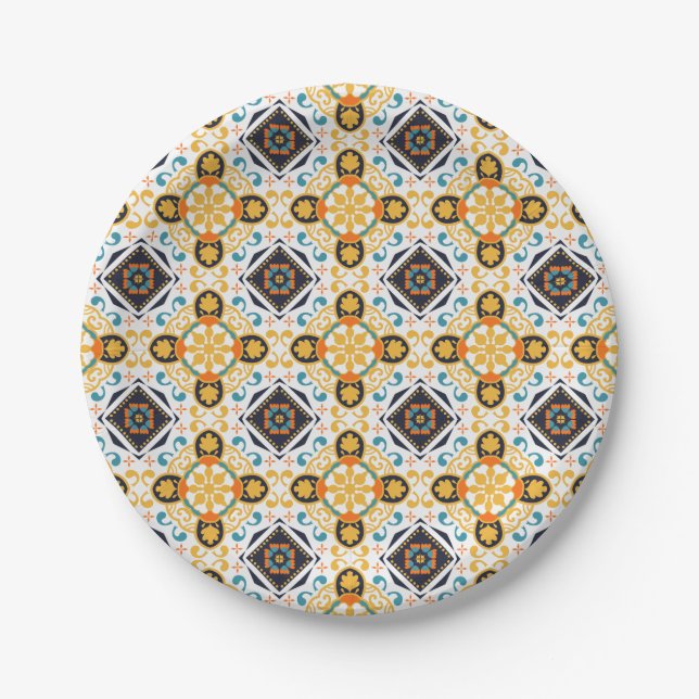Ornate pattern with yellow and blue geometric  paper plate (Front)