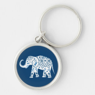 Ornate Patterned Blue Elephant Key Ring