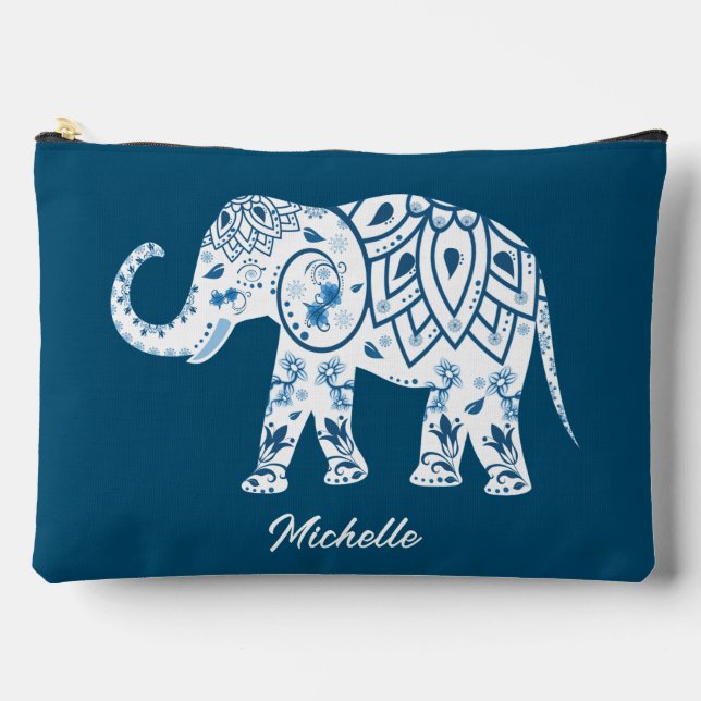 Ornate Patterned Blue Elephant Personalised Accessory Pouch (Front)