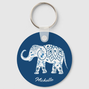 Ornate Patterned Blue Elephant Personalised Key Ring