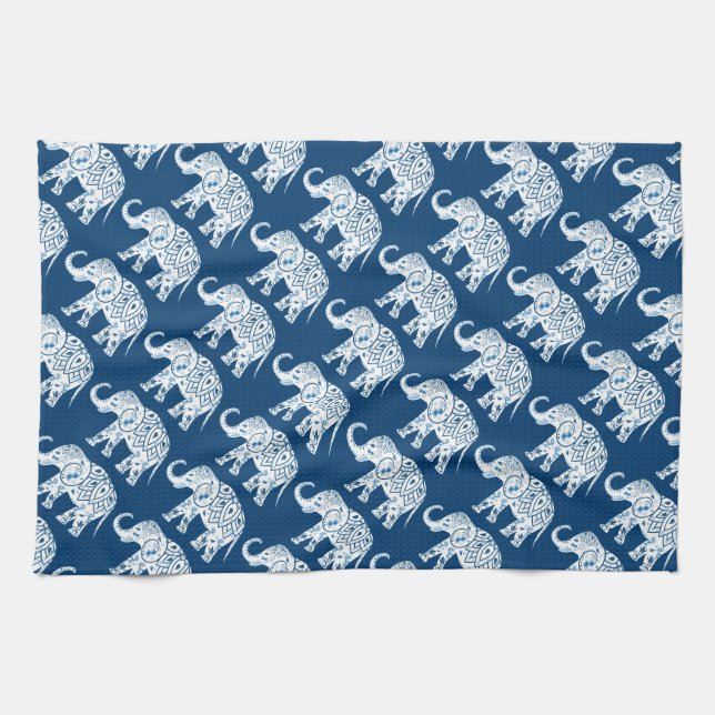Ornate Patterned Blue Elephant Tea Towel (Horizontal)