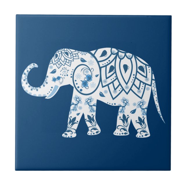 Ornate Patterned Blue Elephant Tile (Front)