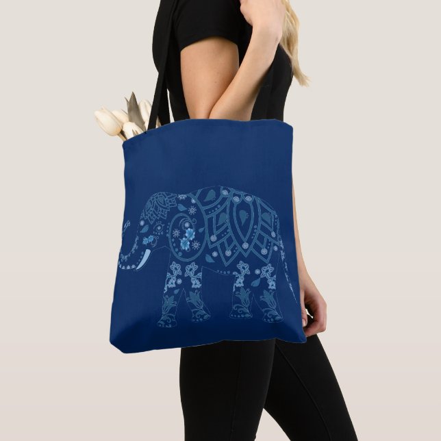 Ornate Patterned Blue Elephant Tote Bag (Close Up)