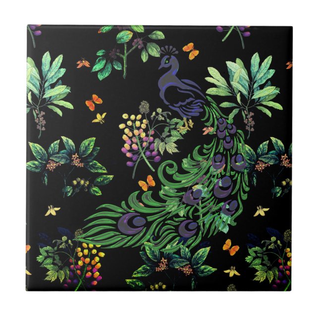 Ornate Peacock and Vintage Floral Ceramic Tile (Front)
