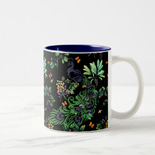 Ornate Peacock and Vintage Floral Two-Tone Coffee Mug