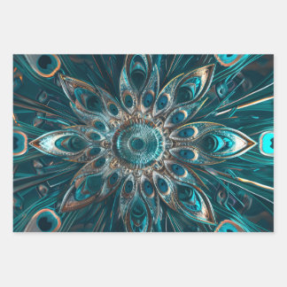 Ornate peacock feathers mandala wrapping paper sheet