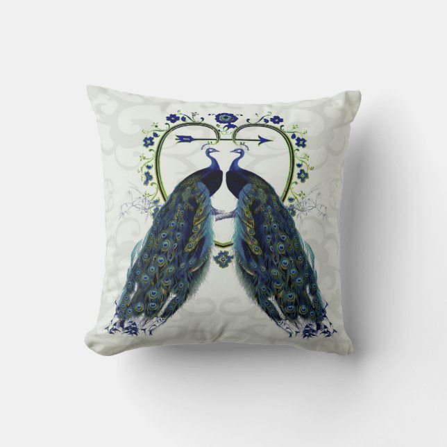 Ornate peacock themed wedding gift pillow add name (Front)
