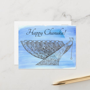 Ornate Pen and Ink Chanukah Menorah on Blue Postcard