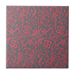 Ornate Pink and Grey Flower Pattern Ceramic Tile