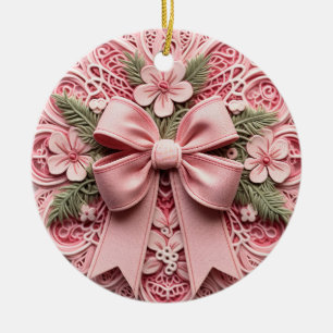 Ornate Pink Lace Bow Ceramic Ornament