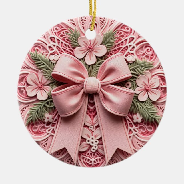 Ornate Pink Lace Bow Ceramic Ornament (Front)