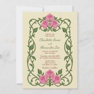 Ornate Pink Rose Machine Embroidery Wedding Invitation