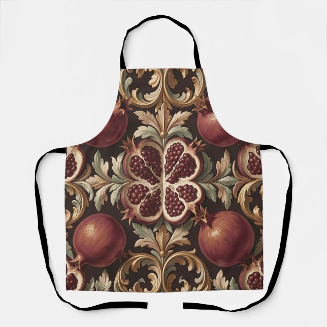 Ornate Pomegranate Fruit Baroque Pattern Dark Red  Apron (Front)