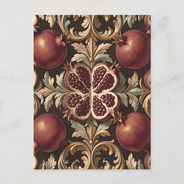 Ornate Pomegranate Fruit Baroque Pattern Dark Red  Postcard (Front)