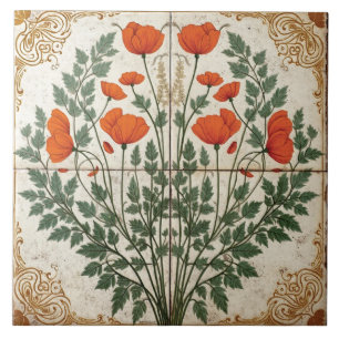 Ornate Poppy with Gilded Border Ceramic Tile