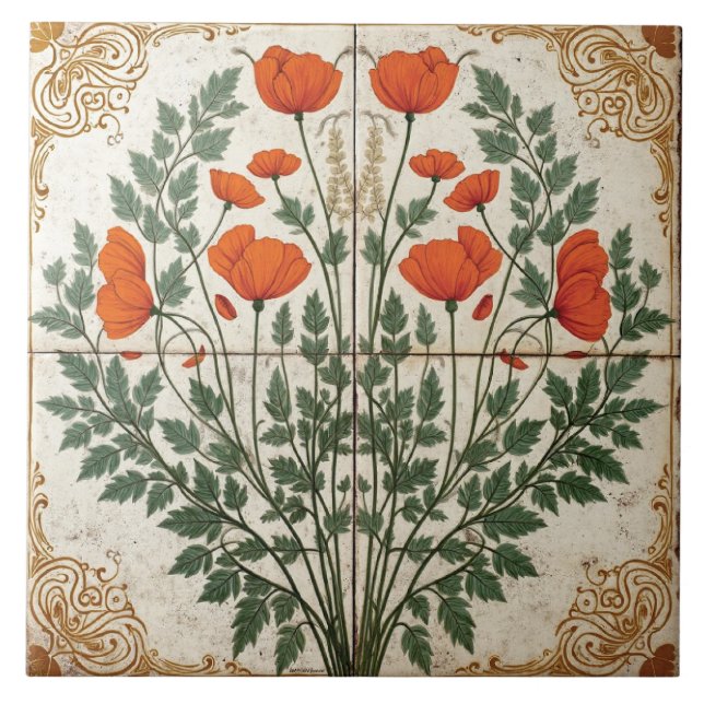 Ornate Poppy with Gilded Border Ceramic Tile (Front)