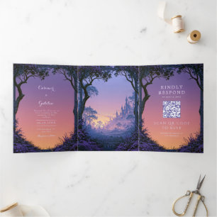 Ornate Purple Arch Fantasy Castle Sunset Wedding Tri-Fold Invitation