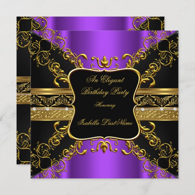 Ornate Purple Black Gold Birthday Party Invitation (Front/Back)