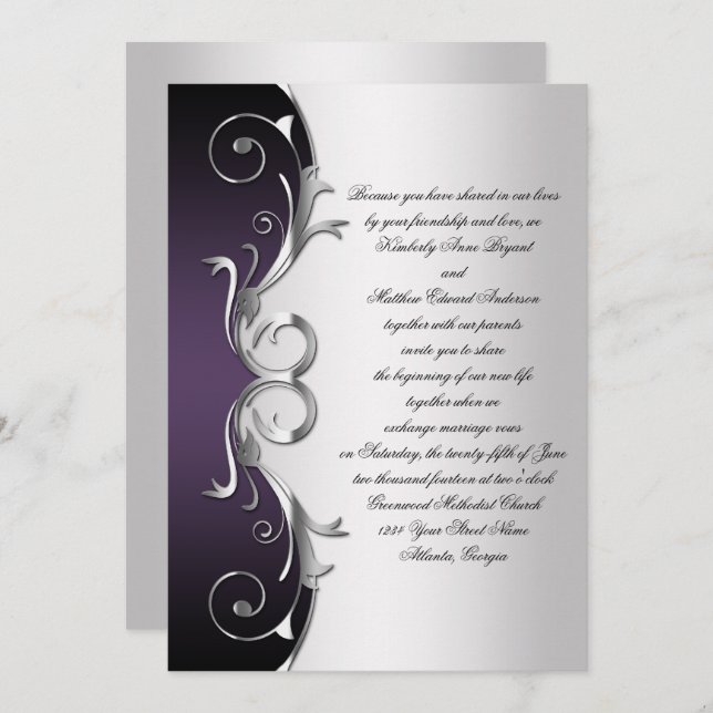 Ornate Purple Black Silver Wedding Celebration Invitation (Front/Back)
