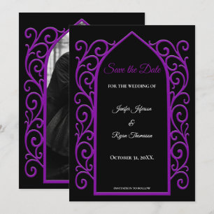 Ornate purple border wedding save the date announcement
