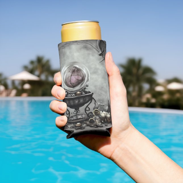 Ornate Purple Crystal Ball and Witchcraft Items Seltzer Can Cooler (In Situ Pool)