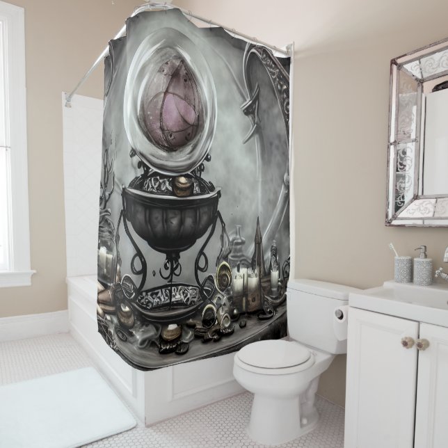Ornate Purple Crystal Ball and Witchcraft Items Shower Curtain (In Situ)