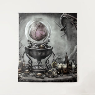 Ornate Purple Crystal Ball and Witchcraft Items Tapestry