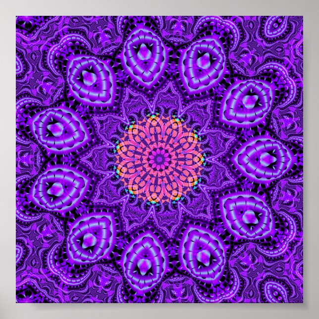 Ornate Purple Flower Vibrations Kaleidoscope Art Poster (Front)