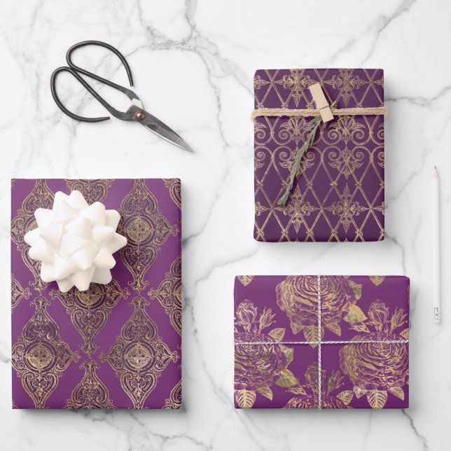 ORNATE PURPLE & GOLD PATTERNS & FLOWERS WRAPPING PAPER SHEET (Front)