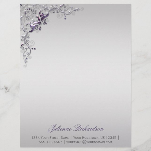 Ornate Purple Silver Floral Swirls Letterhead Template (Front)