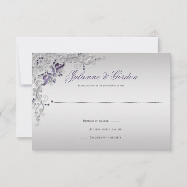 Ornate Purple Silver floral Swirls RSVP (Front)