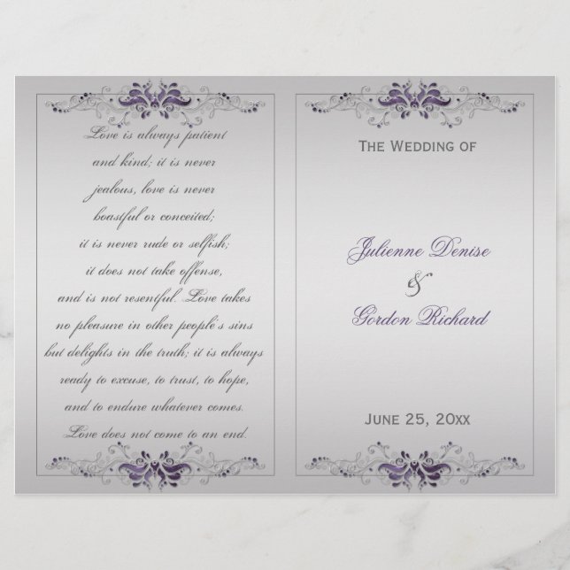 Ornate Purple Silver Floral Swirls Wedding Program (Front)