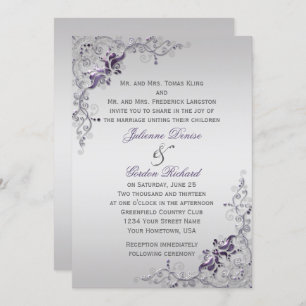 Ornate Purple Silver Floral Swirls Weddings Invitation