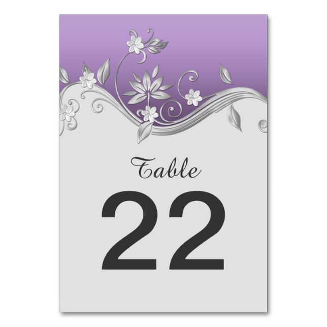Ornate Purple Silver Flowers Swirls Table Cards (Back)