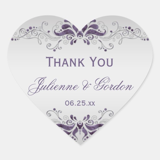 Ornate Purple Silver Swirls Heart Wedding Favour Sticker (Front)