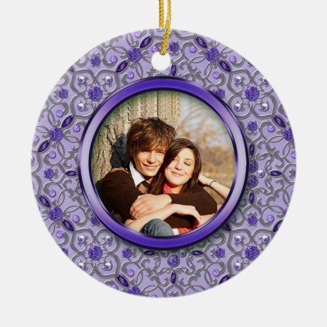 Ornate Purple Tanzanite Silver Photo Christmas Ceramic Ornament (Front)