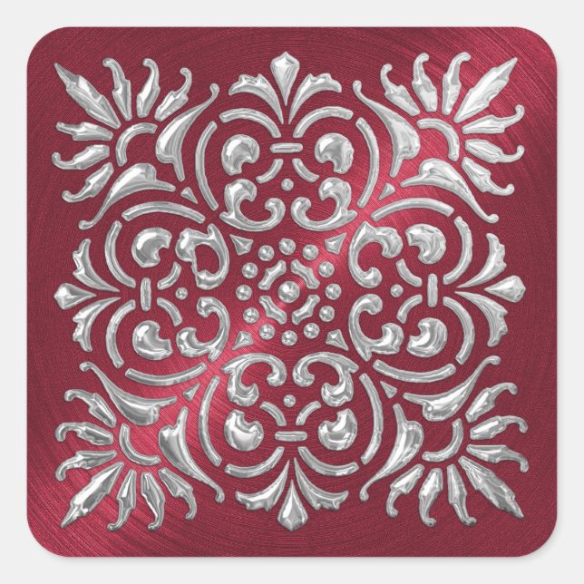 Ornate Red and Silver Embossed Look Sticker (Front)
