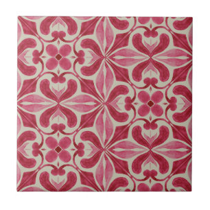 Ornate Red Azulejo Pattern with Floral Motifs Ceramic Tile