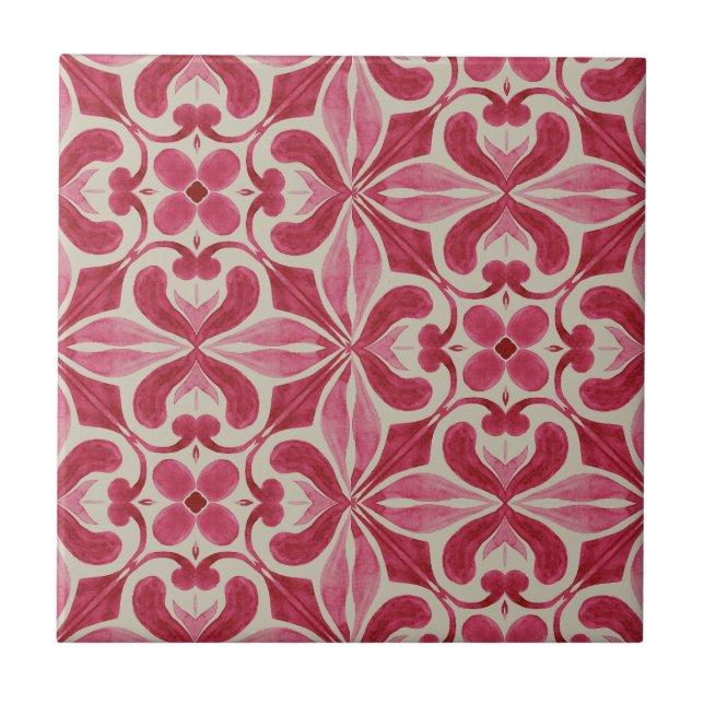 Ornate Red Azulejo Pattern with Floral Motifs  Ceramic Tile (Front)